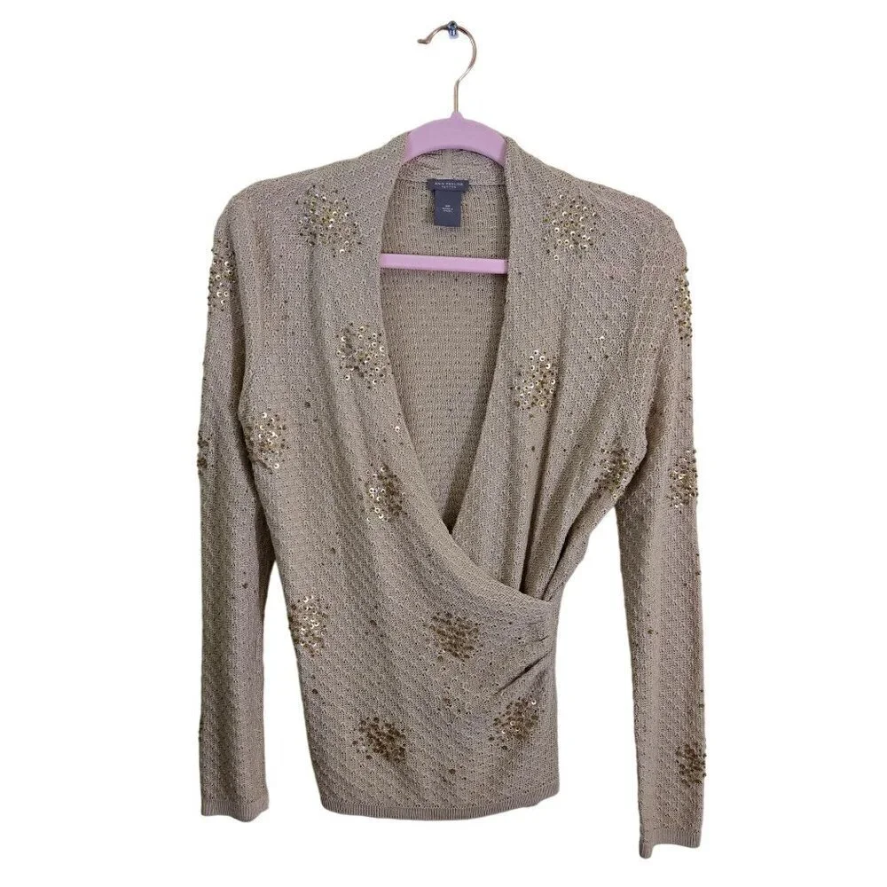 Ann Taylor Petites Beige Sequin Wrap Silk Blend Sweater Size SP